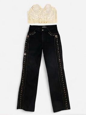 Embellished Black Wide-Leg Jeans with Stud Detail